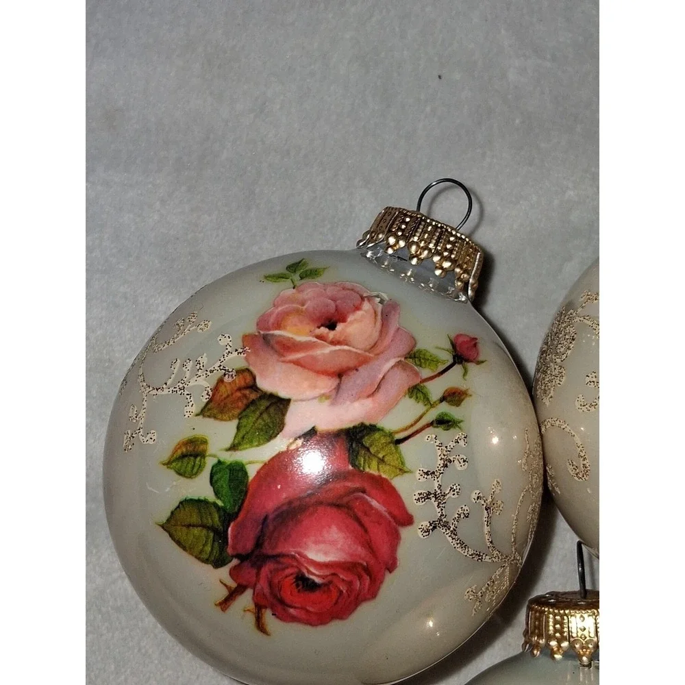 Vintage Krebs Glass Christmas Ornaments Set of 3 Ivory Rose Floral Gold